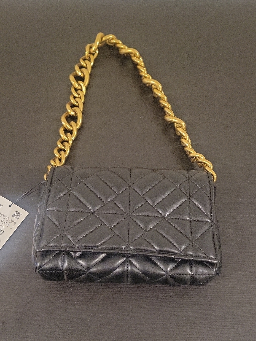 ZARA Black Quilted Shoulder Bag with Gold Chain